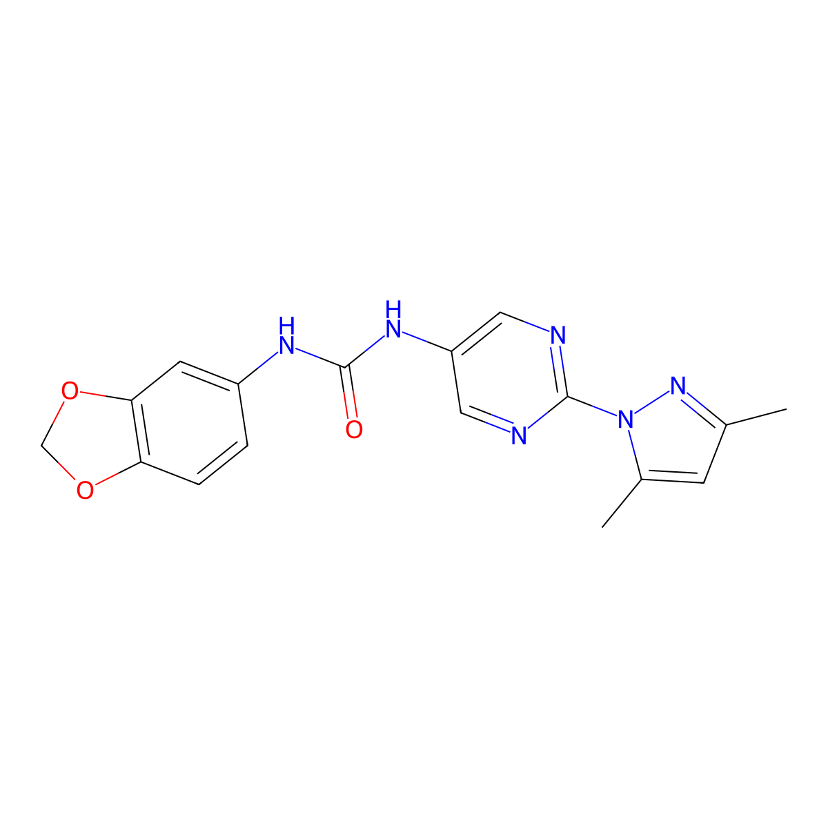 1-(benzo[d][1,3]dioxol-5-yl)-3-(2-(3,5-dimethyl-1H-pyrazol-1-yl)pyrimidin-5-yl)urea molecular structure, CAS 1396794-91-4