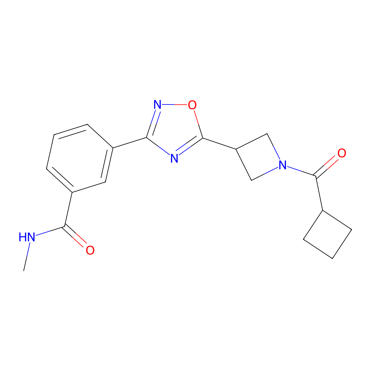 3-(5-(1-(cyclobutanecarbonyl)azetidin-3-yl)-1,2,4-oxadiazol-3-yl)-N-methylbenzamide molecular structure, CAS 1396794-93-6