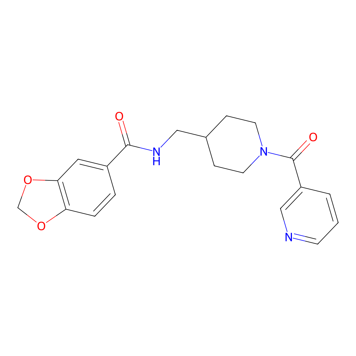 N-((1-nicotinoylpiperidin-4-yl)methyl)benzo[d][1,3]dioxole-5-carboxamide molecular structure, CAS 1396794-96-9
