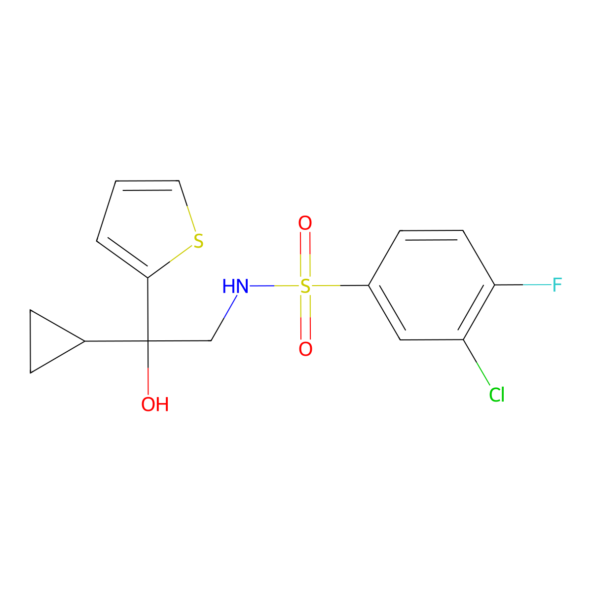 3-chloro-N-(2-cyclopropyl-2-hydroxy-2-(thiophen-2-yl)ethyl)-4-fluorobenzenesulfonamide molecular structure, CAS 1396795-07-5