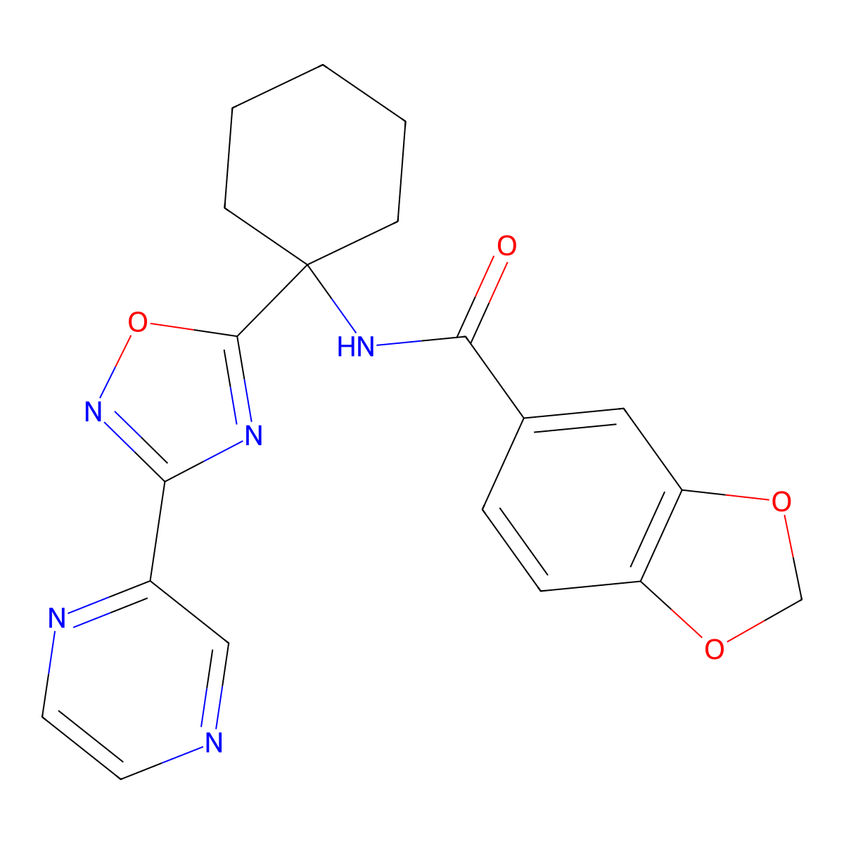 N-(1-(3-(pyrazin-2-yl)-1,2,4-oxadiazol-5-yl)cyclohexyl)benzo[d][1,3]dioxole-5-carboxamide molecular structure, CAS 1396795-18-8