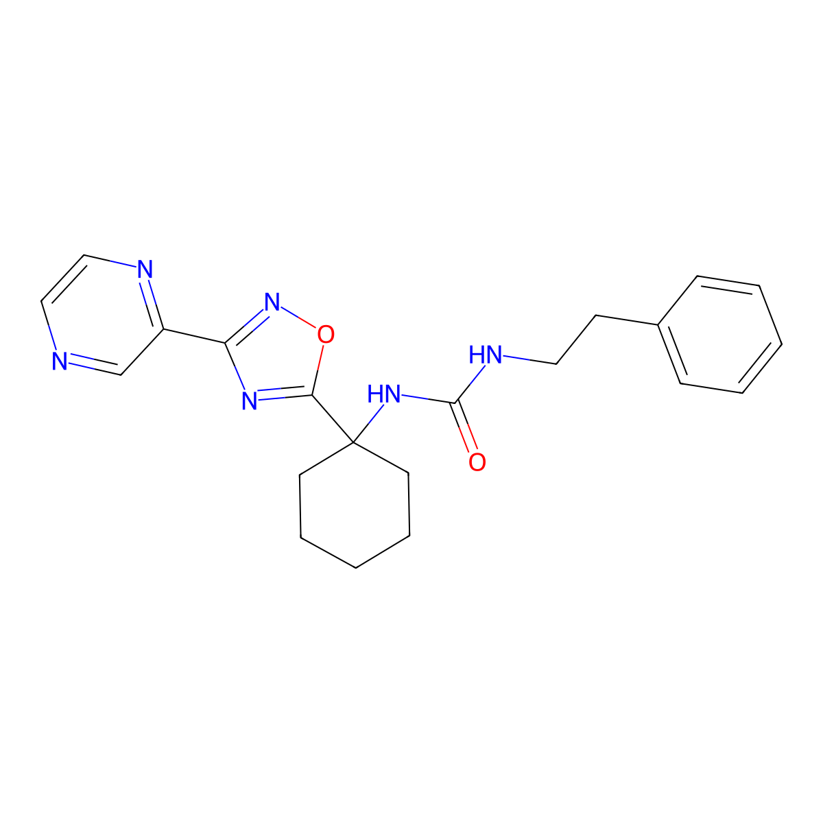 1-Phenethyl-3-(1-(3-(pyrazin-2-yl)-1,2,4-oxadiazol-5-yl)cyclohexyl)urea molecular structure, CAS 1396795-28-0