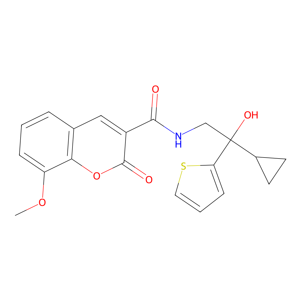 N-(2-cyclopropyl-2-hydroxy-2-(thiophen-2-yl)ethyl)-8-methoxy-2-oxo-2H-chromene-3-carboxamide molecular structure, CAS 1396795-30-4