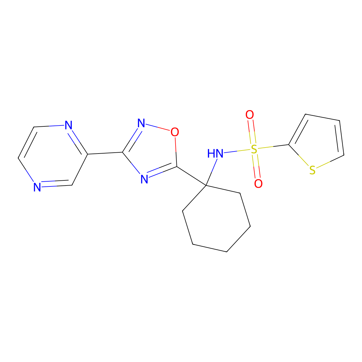 N-{1-[3-(pyrazin-2-yl)-1,2,4-oxadiazol-5-yl]cyclohexyl}thiophene-2-sulfonamide molecular structure, CAS 1396795-36-0