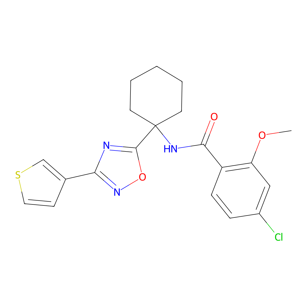 4-chloro-2-methoxy-N-{1-[3-(3-thienyl)-1,2,4-oxadiazol-5-yl]cyclohexyl}benzamide molecular structure, CAS 1396795-40-6