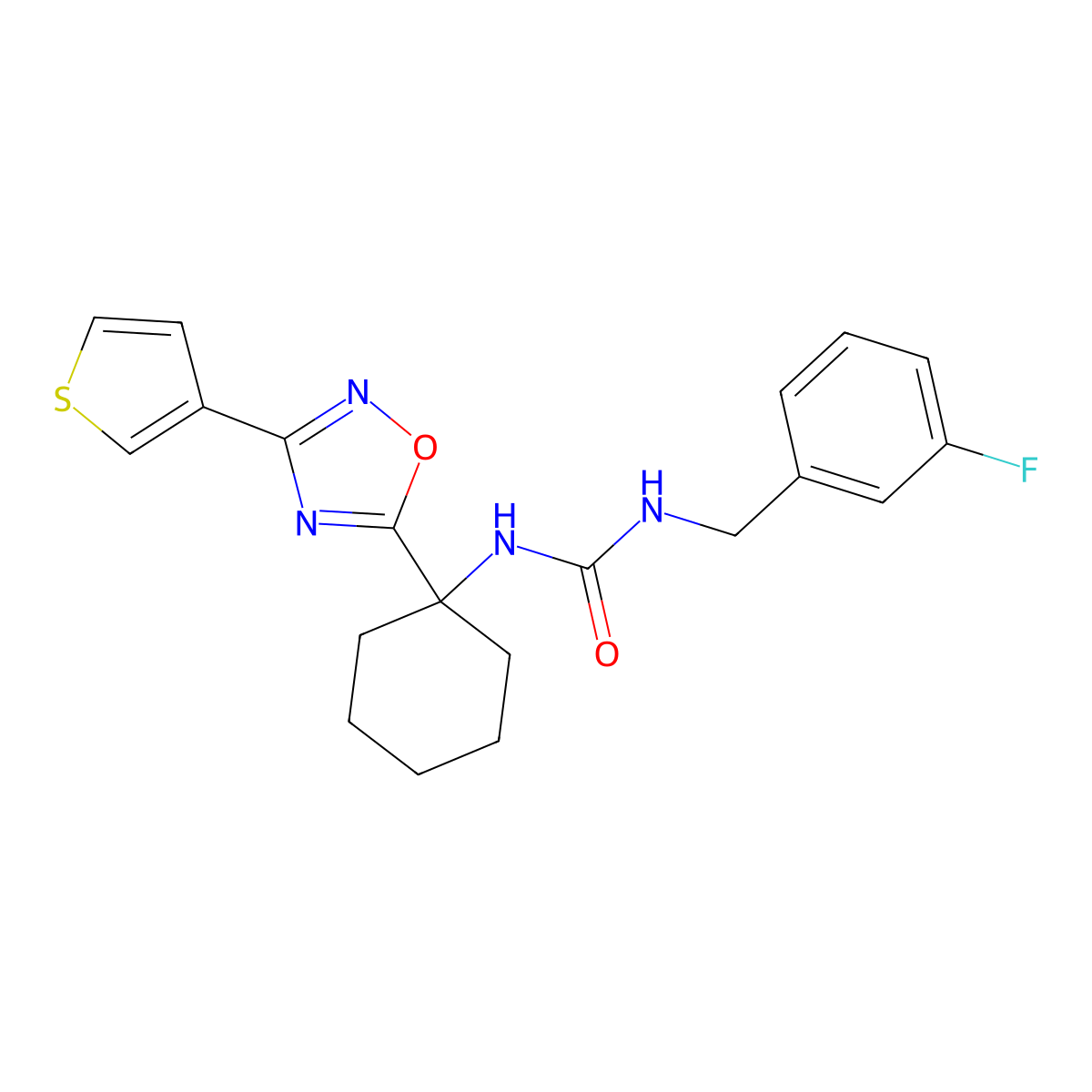 1-(3-Fluorobenzyl)-3-(1-(3-(thiophen-3-yl)-1,2,4-oxadiazol-5-yl)cyclohexyl)urea molecular structure, CAS 1396795-48-4
