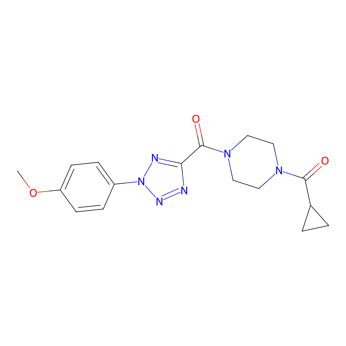 (4-(cyclopropanecarbonyl)piperazin-1-yl)(2-(4-methoxyphenyl)-2H-tetrazol-5-yl)methanone molecular structure, CAS 1396795-59-7