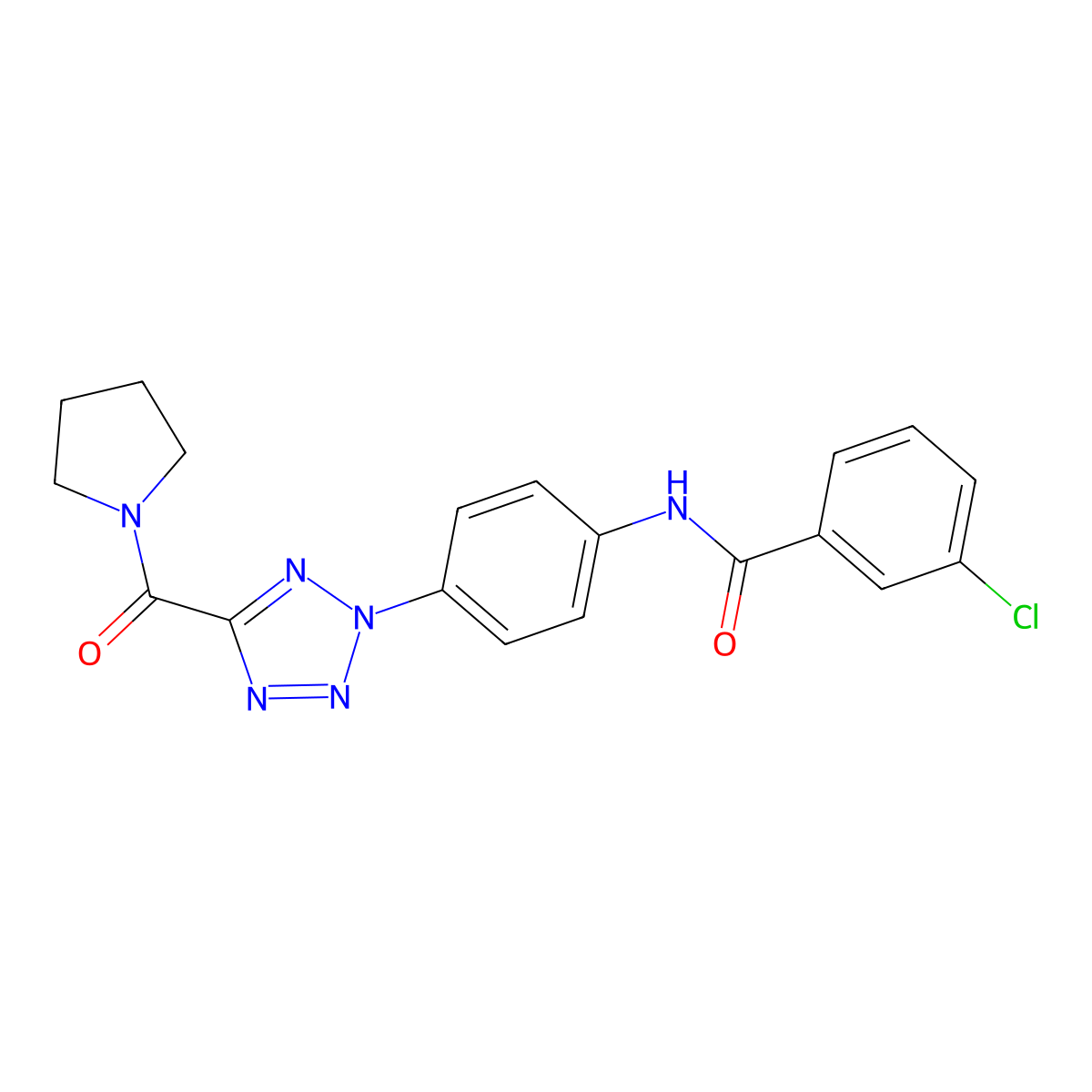 3-chloro-N-(4-(5-(pyrrolidine-1-carbonyl)-2H-tetrazol-2-yl)phenyl)benzamide molecular structure, CAS 1396798-32-5