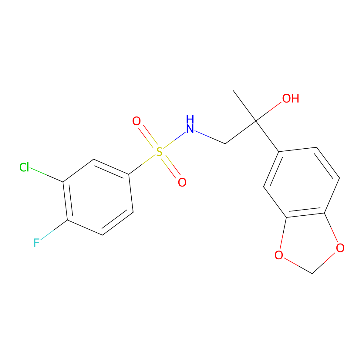 N-(2-(benzo[d][1,3]dioxol-5-yl)-2-hydroxypropyl)-3-chloro-4-fluorobenzenesulfonamide molecular structure, CAS 1396798-37-0