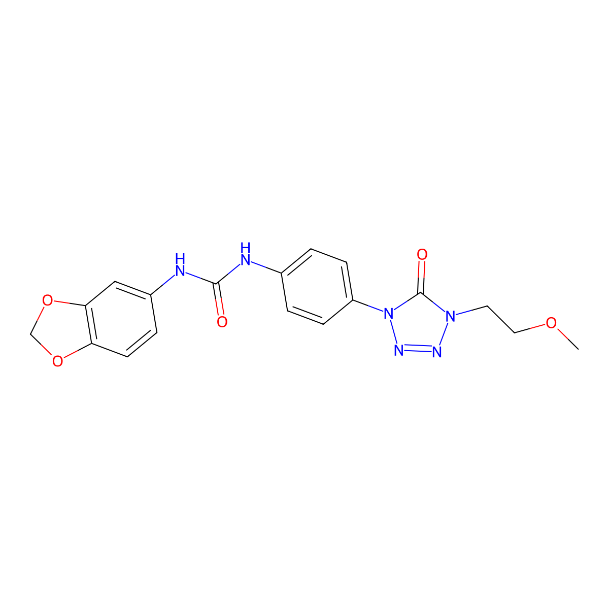 1-(benzo[d][1,3]dioxol-5-yl)-3-(4-(4-(2-methoxyethyl)-5-oxo-4,5-dihydro-1H-tetrazol-1-yl)phenyl)urea molecular structure, CAS 1396798-38-1