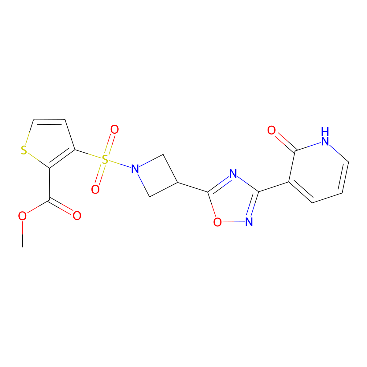 Methyl 3-((3-(3-(2-oxo-1,2-dihydropyridin-3-yl)-1,2,4-oxadiazol-5-yl)azetidin-1-yl)sulfonyl)thiophene-2-carboxylate molecular structure, CAS 1396798-39-2