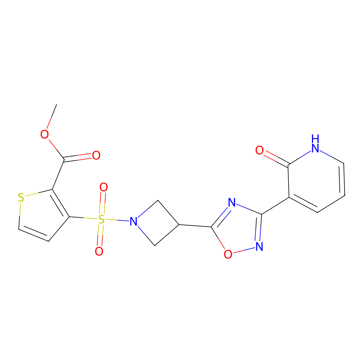 Methyl 3-((3-(3-(2-oxo-1,2-dihydropyridin-3-yl)-1,2,4-oxadiazol-5-yl)azetidin-1-yl)sulfonyl)thiophene-2-carboxylate molecular structure, CAS 1396798-39-2