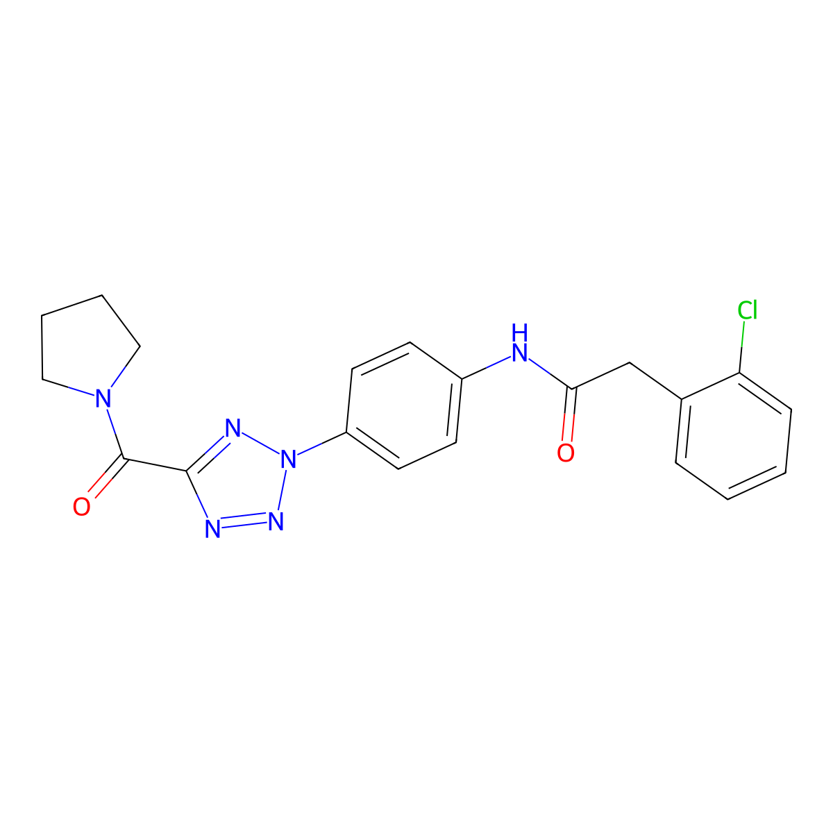 2-(2-chlorophenyl)-N-(4-(5-(pyrrolidine-1-carbonyl)-2H-tetrazol-2-yl)phenyl)acetamide molecular structure, CAS 1396798-42-7