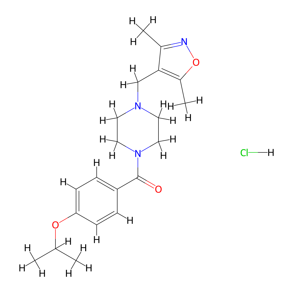 (4-((3,5-Dimethylisoxazol-4-yl)methyl)piperazin-1-yl)(4-isopropoxyphenyl)methanone hydrochloride molecular structure, CAS 1396798-48-3