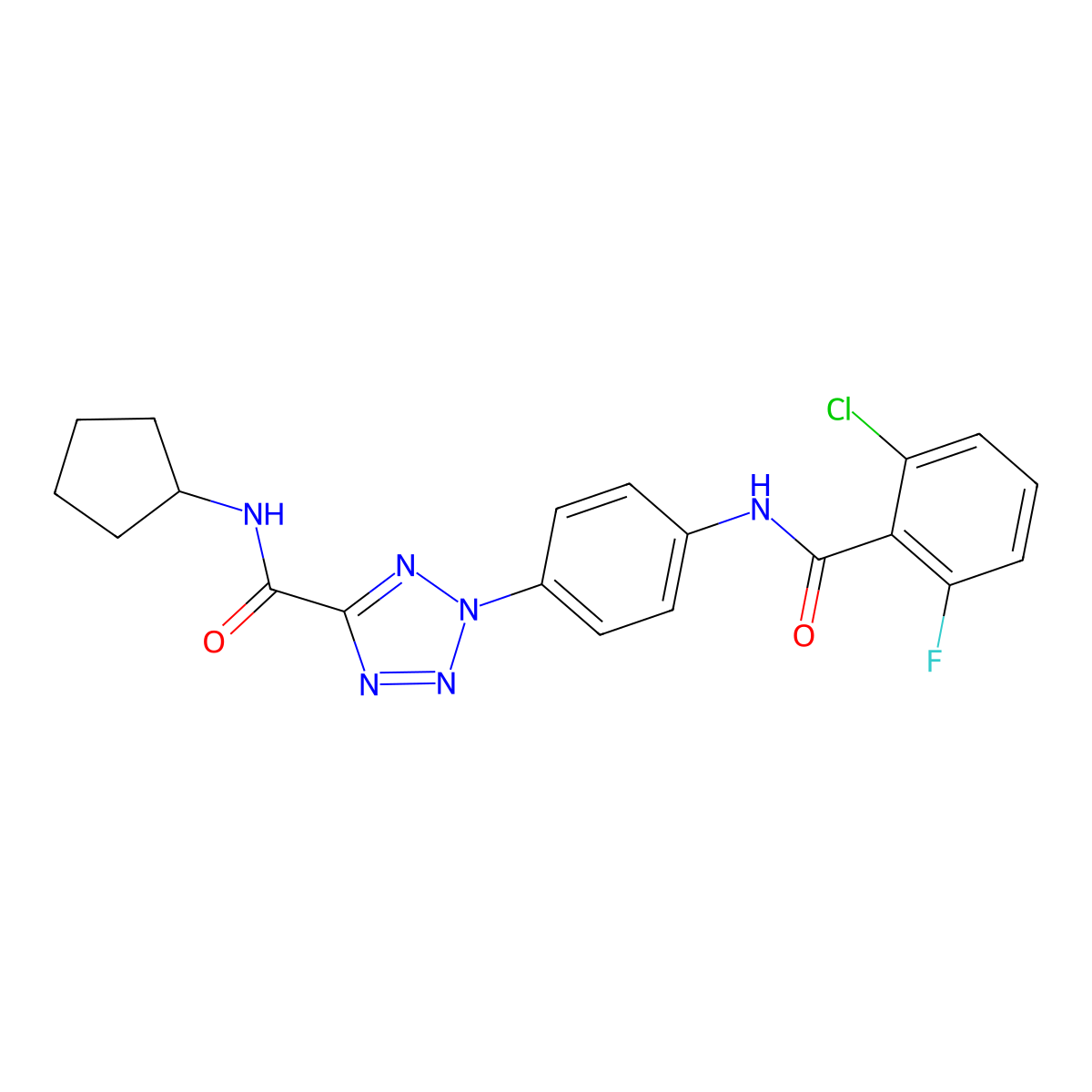 2-(4-(2-chloro-6-fluorobenzamido)phenyl)-N-cyclopentyl-2H-tetrazole-5-carboxamide molecular structure, CAS 1396798-54-1