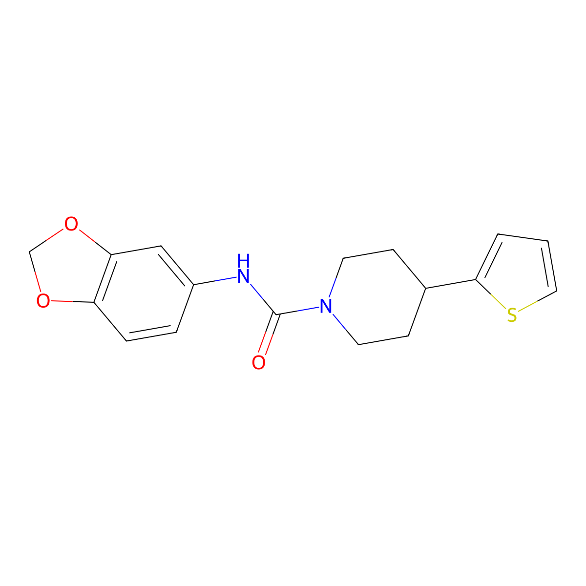N-(benzo[d][1,3]dioxol-5-yl)-4-(thiophen-2-yl)piperidine-1-carboxamide molecular structure, CAS 1396798-72-3