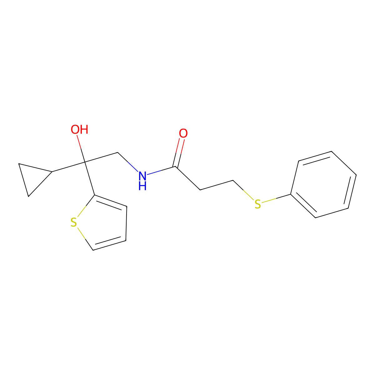 N-(2-cyclopropyl-2-hydroxy-2-(thiophen-2-yl)ethyl)-3-(phenylthio)propanamide molecular structure, CAS 1396798-74-5