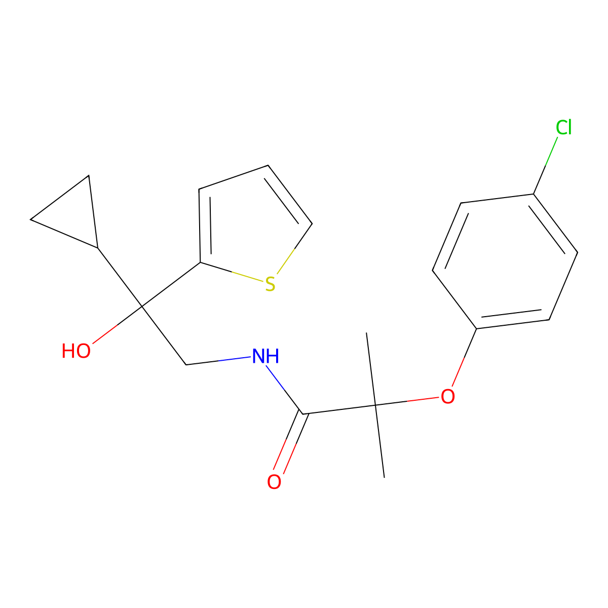 2-(4-chlorophenoxy)-N-(2-cyclopropyl-2-hydroxy-2-(thiophen-2-yl)ethyl)-2-methylpropanamide molecular structure, CAS 1396798-79-0
