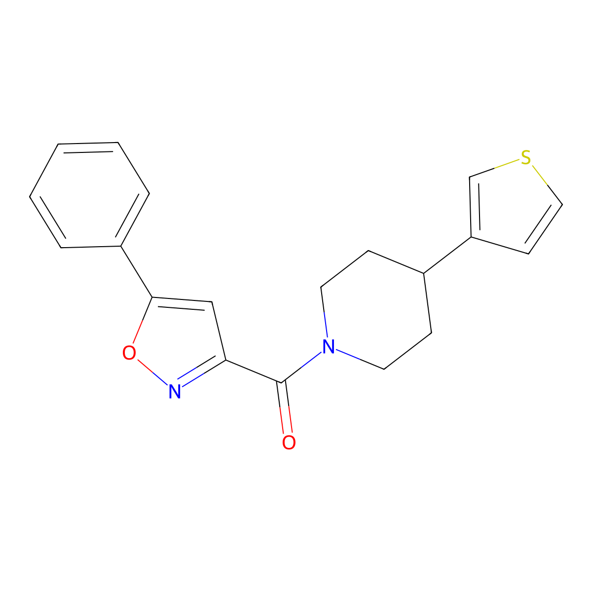 (5-Phenylisoxazol-3-yl)(4-(thiophen-3-yl)piperidin-1-yl)methanone molecular structure, CAS 1396799-01-1