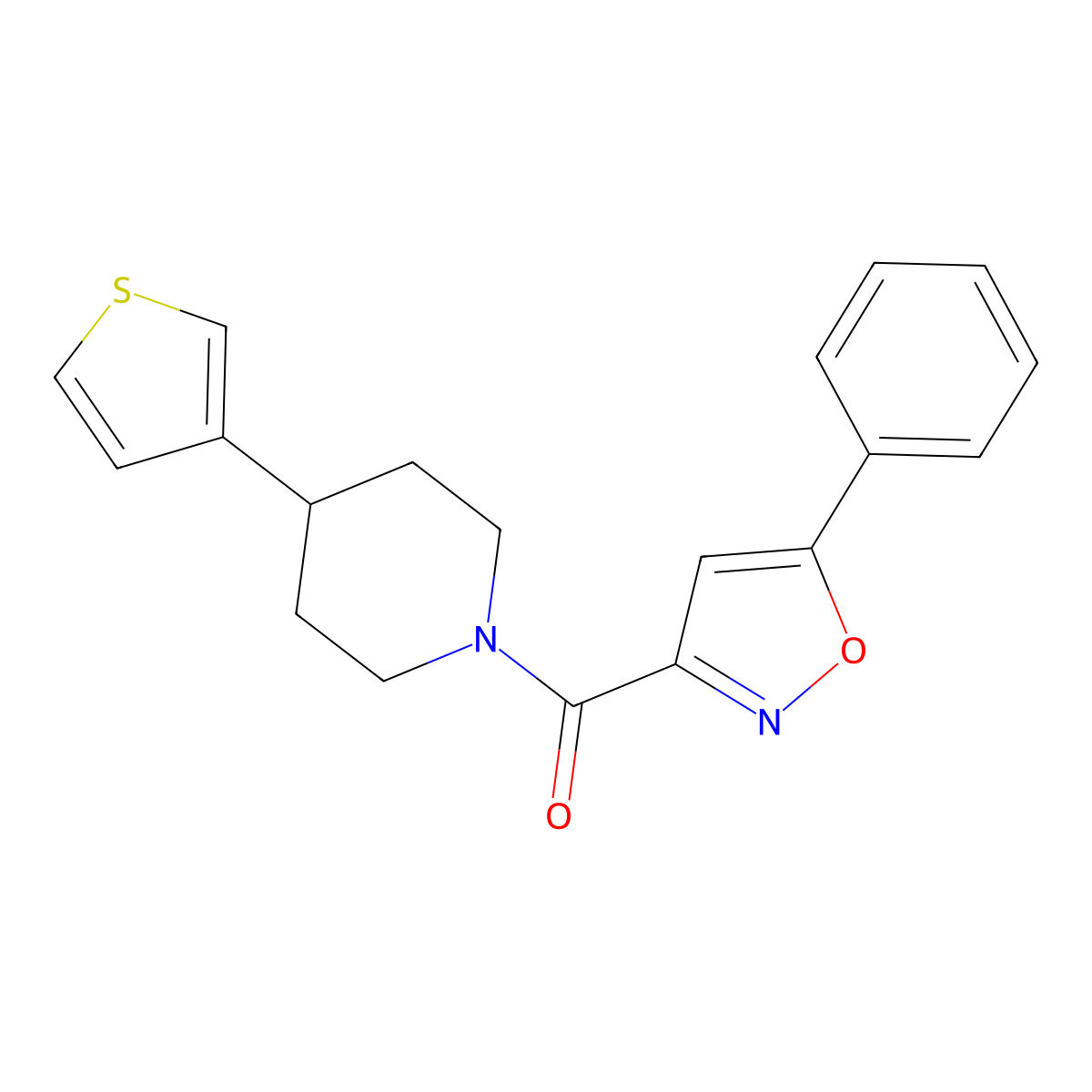 (5-Phenylisoxazol-3-yl)(4-(thiophen-3-yl)piperidin-1-yl)methanone molecular structure, CAS 1396799-01-1
