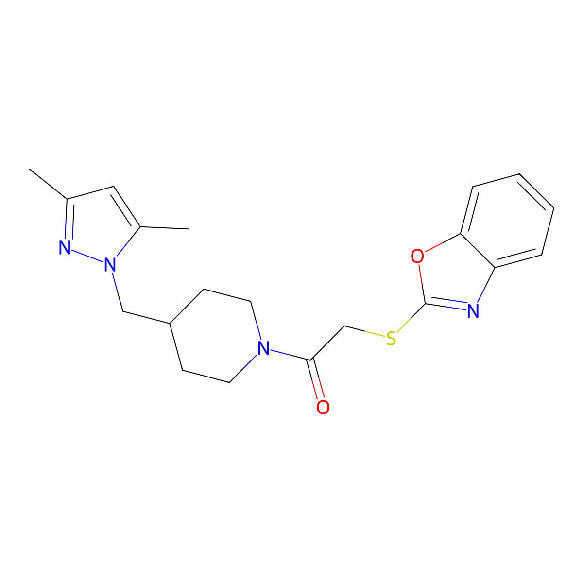 2-(benzo[d]oxazol-2-ylthio)-1-(4-((3,5-dimethyl-1H-pyrazol-1-yl)methyl)piperidin-1-yl)ethanone molecular structure, CAS 1396799-06-6