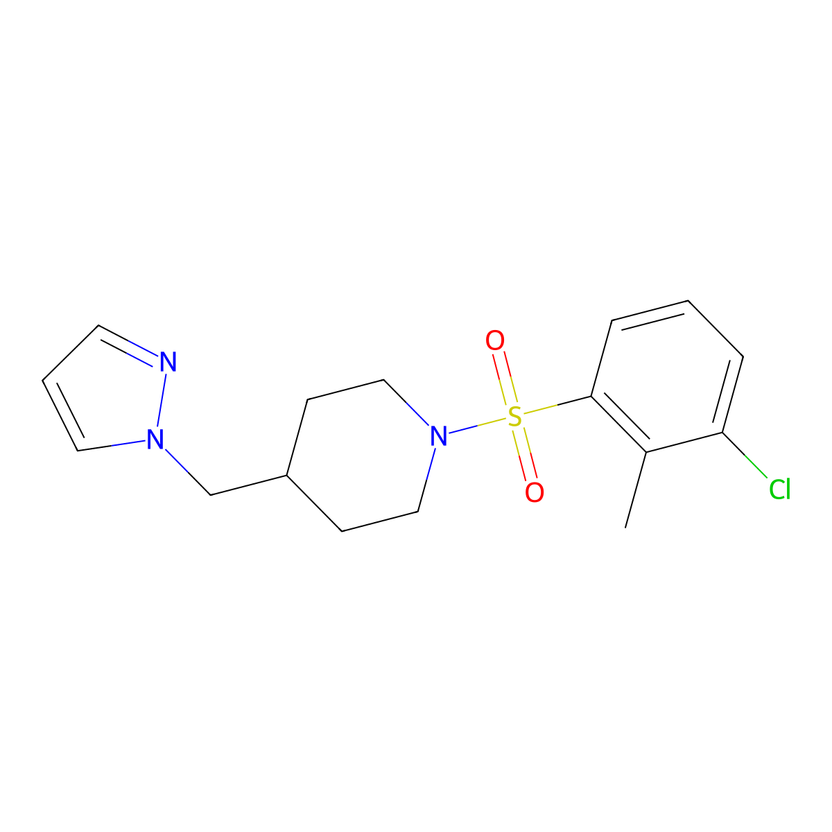 4-((1H-pyrazol-1-yl)methyl)-1-((3-chloro-2-methylphenyl)sulfonyl)piperidine molecular structure, CAS 1396799-22-6