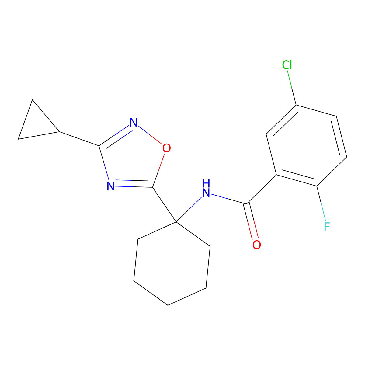 5-chloro-N-[1-(3-cyclopropyl-1,2,4-oxadiazol-5-yl)cyclohexyl]-2-fluorobenzamide molecular structure, CAS 1396799-48-6