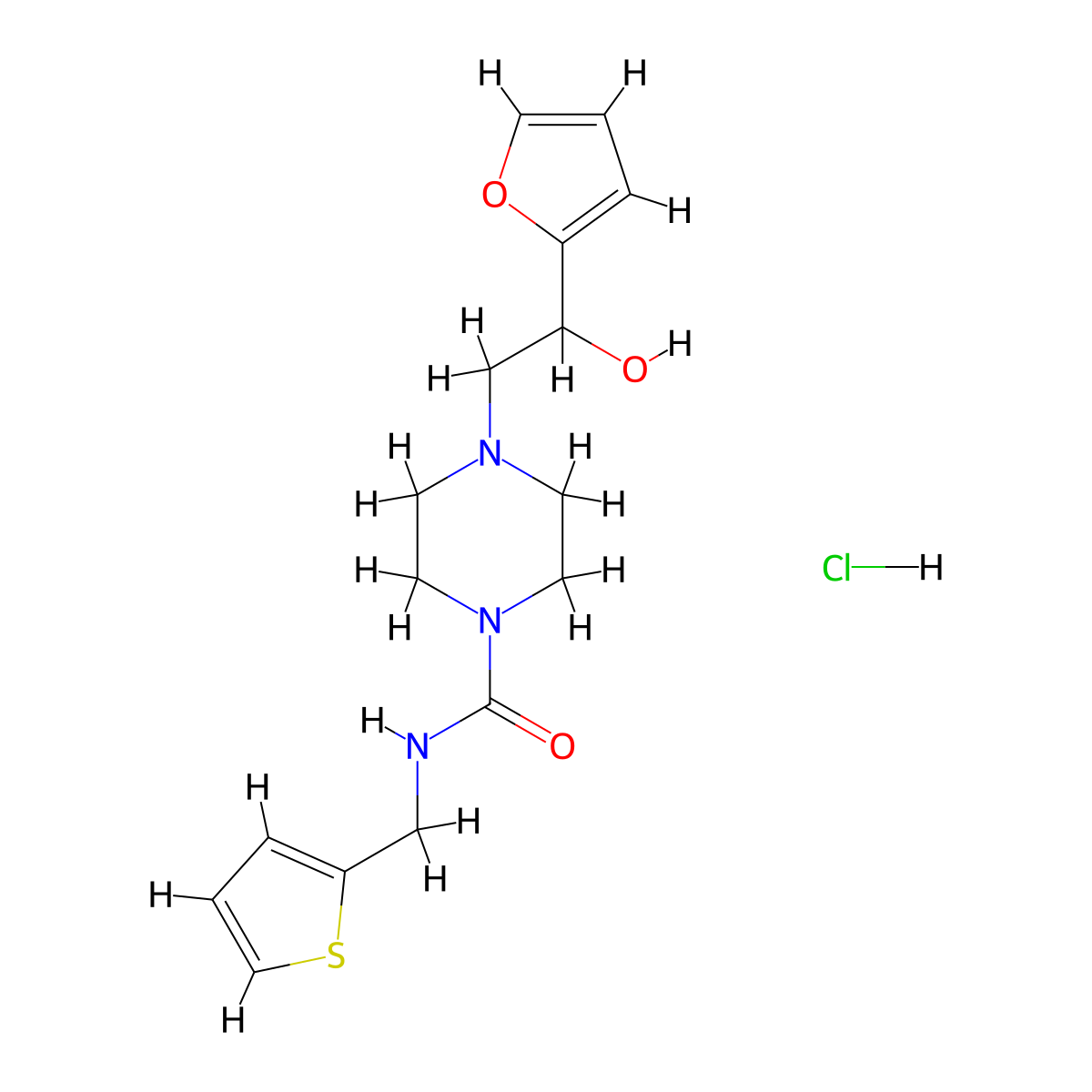 4-(2-(furan-2-yl)-2-hydroxyethyl)-N-(thiophen-2-ylmethyl)piperazine-1-carboxamide hydrochloride molecular structure, CAS 1396799-50-0