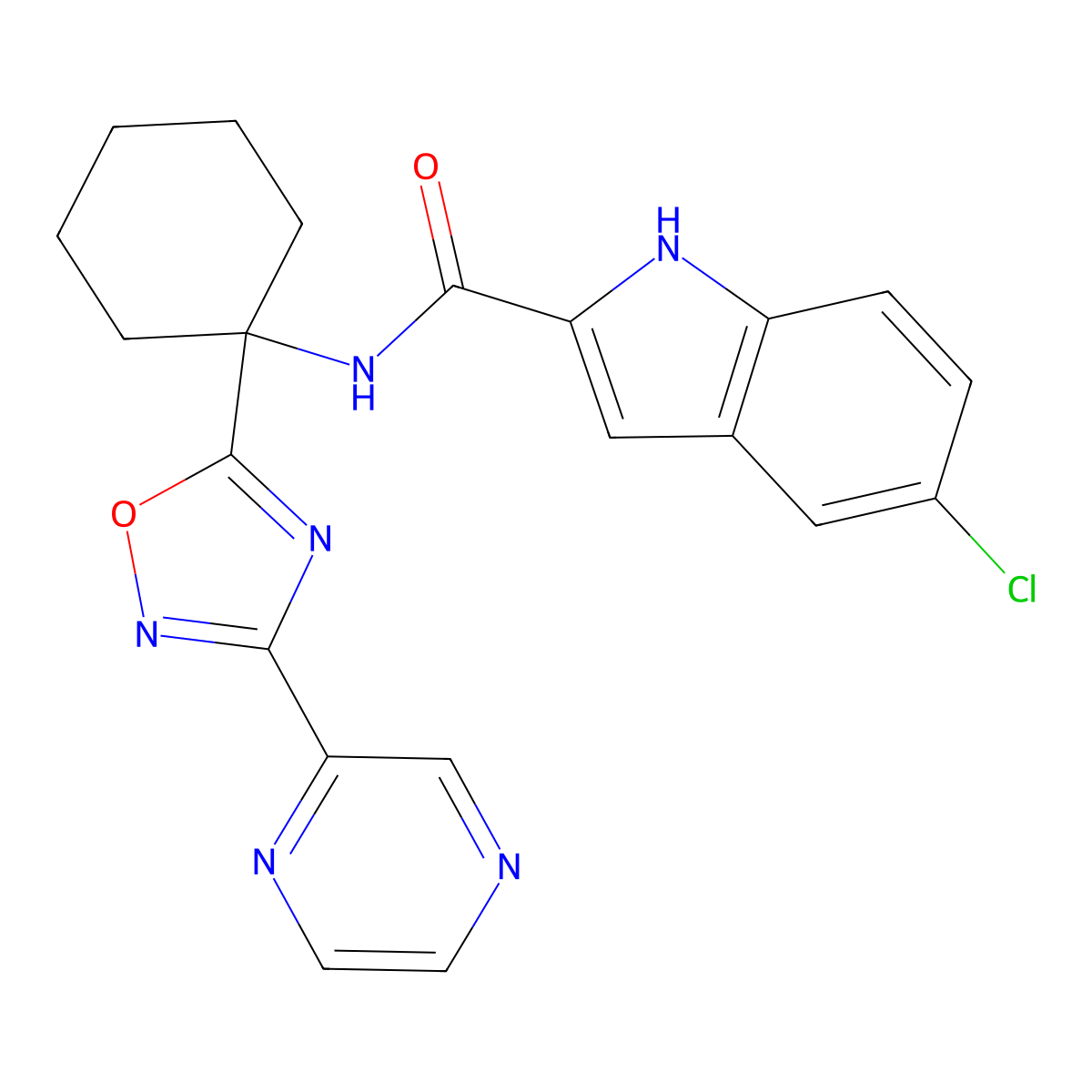 5-chloro-N-[1-(3-pyrazin-2-yl-1,2,4-oxadiazol-5-yl)cyclohexyl]-1H-indole-2-carboxamide molecular structure, CAS 1396799-78-2
