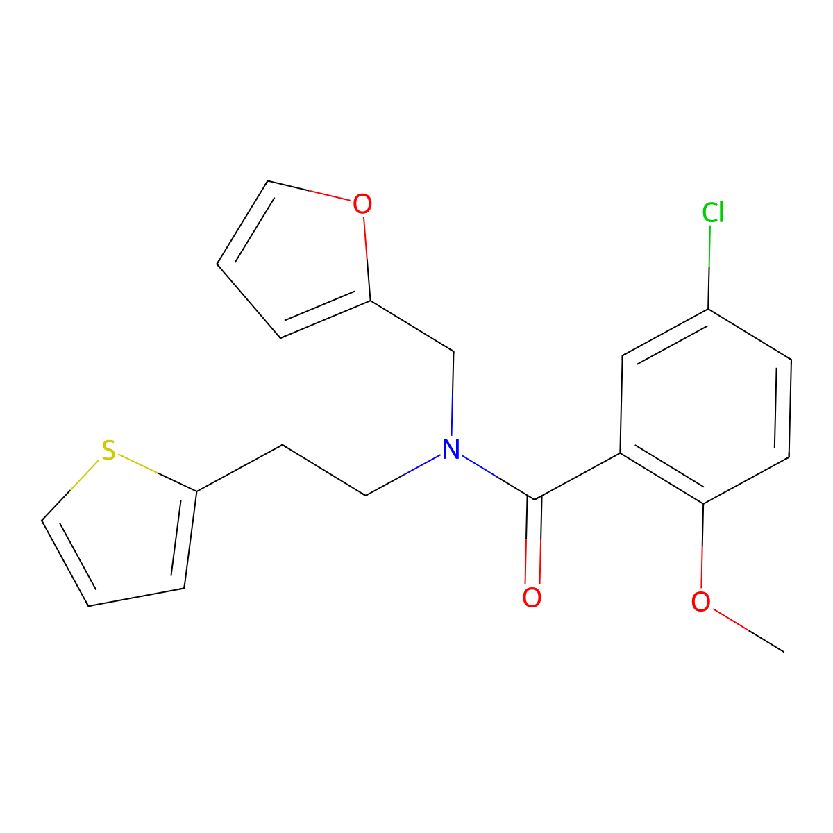 5-chloro-N-(furan-2-ylmethyl)-2-methoxy-N-(2-(thiophen-2-yl)ethyl)benzamide molecular structure, CAS 1396799-86-2