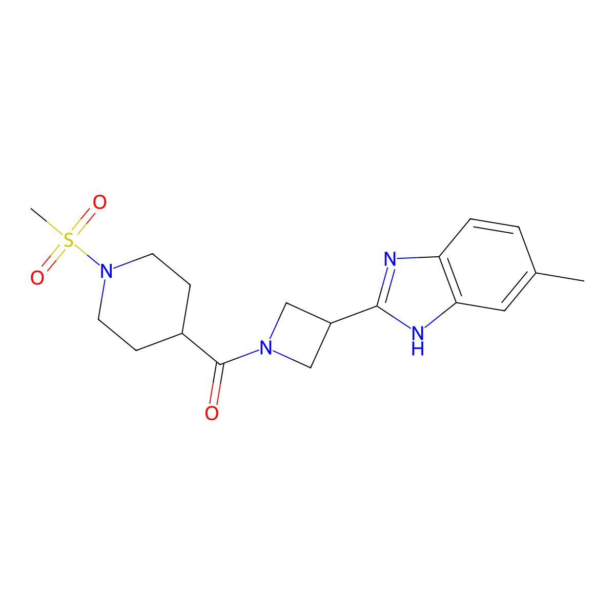 (3-(5-methyl-1H-benzo[d]imidazol-2-yl)azetidin-1-yl)(1-(methylsulfonyl)piperidin-4-yl)methanone molecular structure, CAS 1396800-04-6
