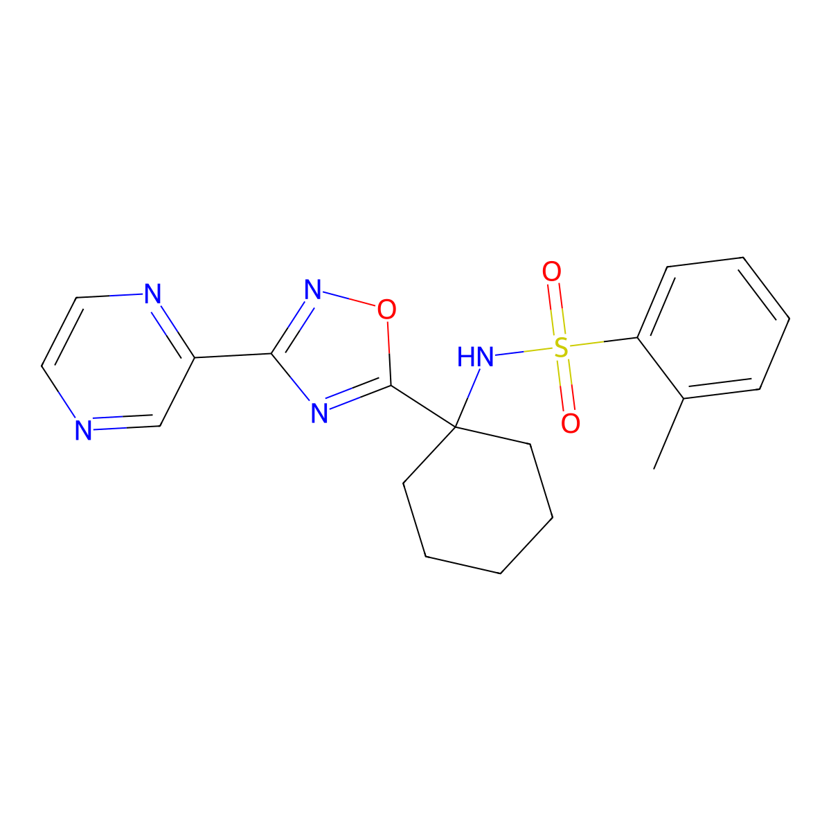 2-methyl-N-(1-(3-(pyrazin-2-yl)-1,2,4-oxadiazol-5-yl)cyclohexyl)benzenesulfonamide molecular structure, CAS 1396800-08-0