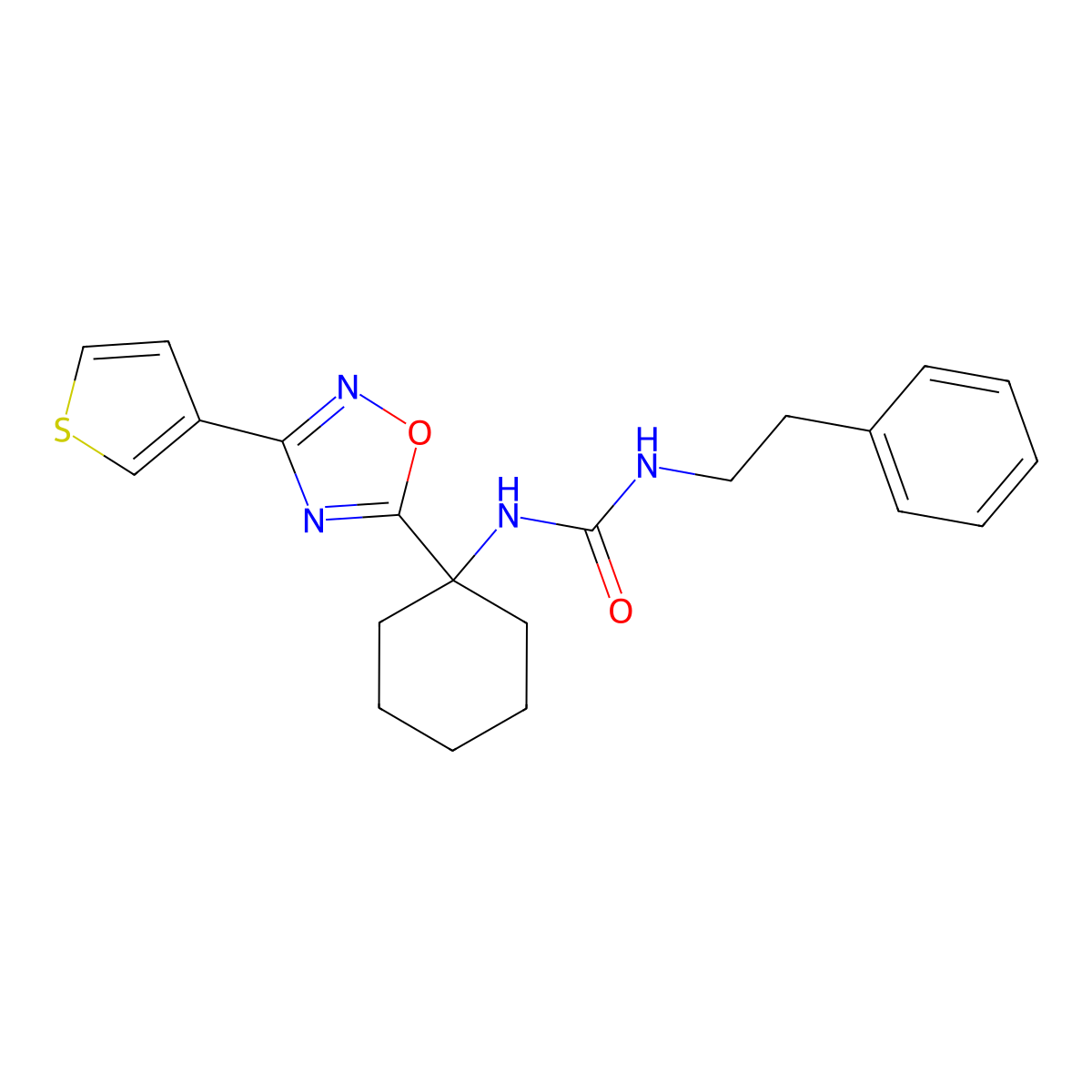 1-Phenethyl-3-(1-(3-(thiophen-3-yl)-1,2,4-oxadiazol-5-yl)cyclohexyl)urea molecular structure, CAS 1396800-09-1