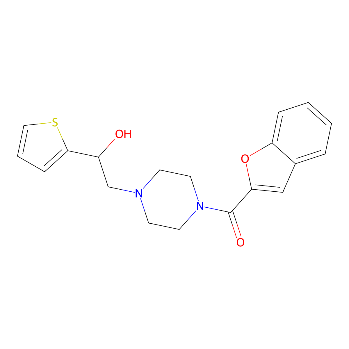 Benzofuran-2-yl(4-(2-hydroxy-2-(thiophen-2-yl)ethyl)piperazin-1-yl)methanone molecular structure, CAS 1396800-19-3