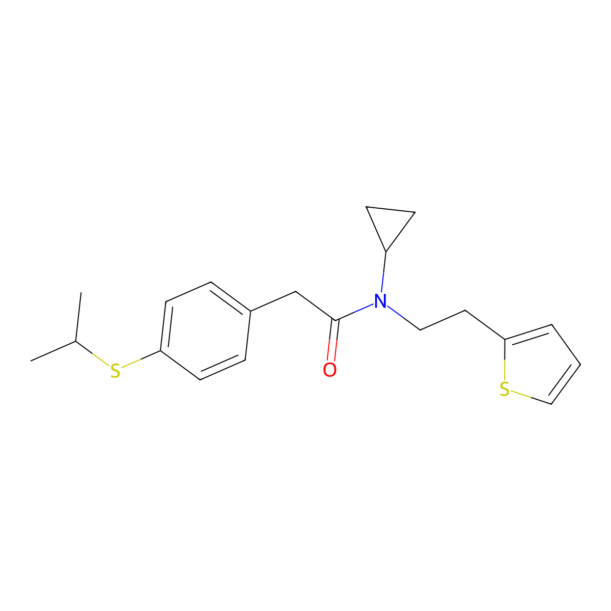 N-cyclopropyl-2-(4-(isopropylthio)phenyl)-N-(2-(thiophen-2-yl)ethyl)acetamide molecular structure, CAS 1396800-38-6