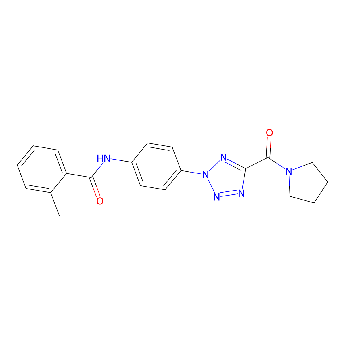 2-methyl-N-(4-(5-(pyrrolidine-1-carbonyl)-2H-tetrazol-2-yl)phenyl)benzamide molecular structure, CAS 1396800-39-7