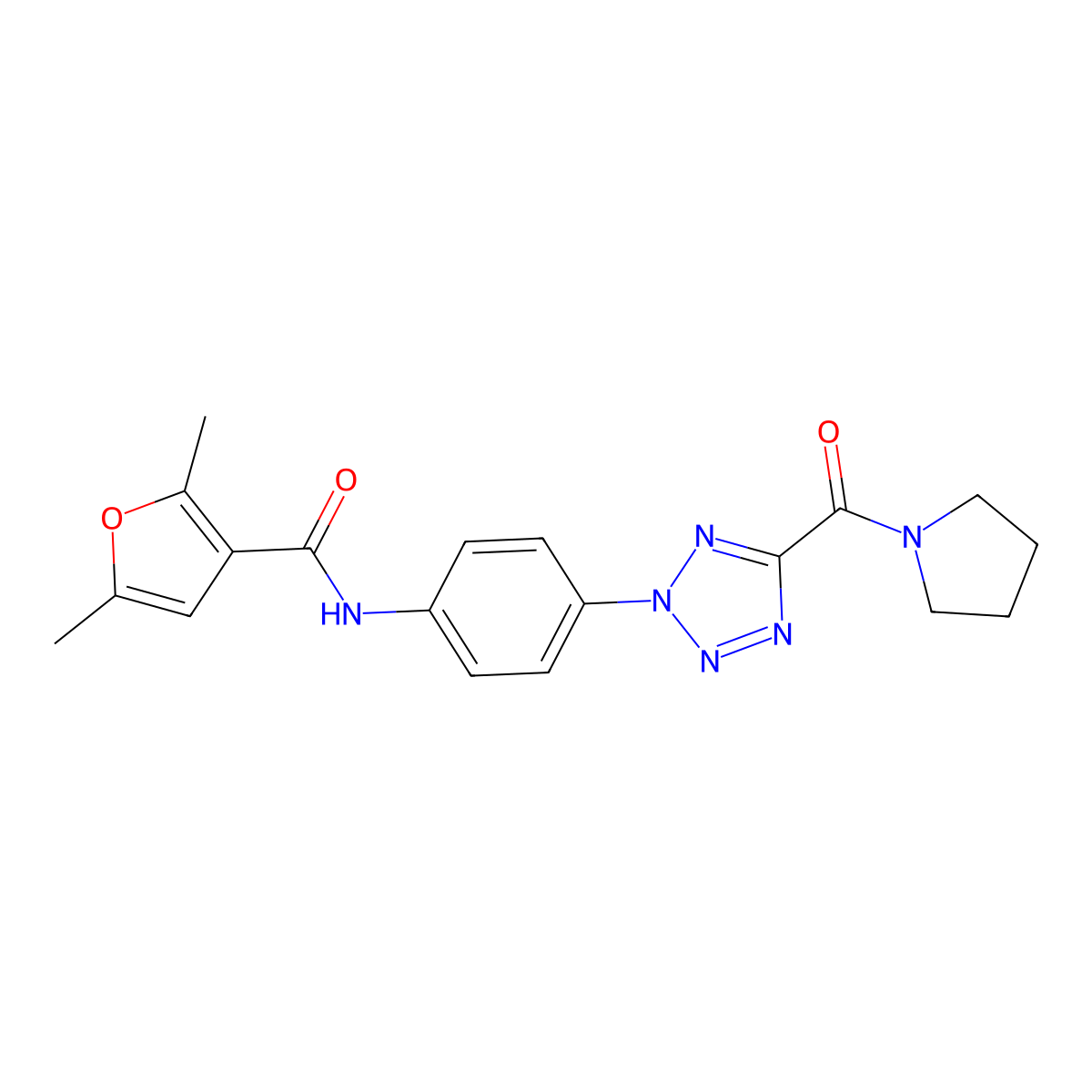 2,5-dimethyl-N-(4-(5-(pyrrolidine-1-carbonyl)-2H-tetrazol-2-yl)phenyl)furan-3-carboxamide molecular structure, CAS 1396800-43-3