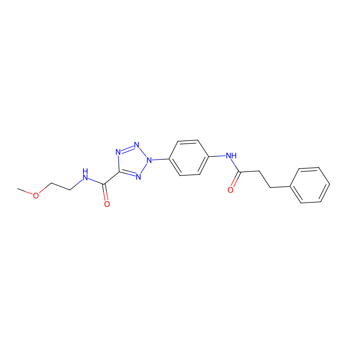 N-(2-methoxyethyl)-2-(4-(3-phenylpropanamido)phenyl)-2H-tetrazole-5-carboxamide molecular structure, CAS 1396800-48-8