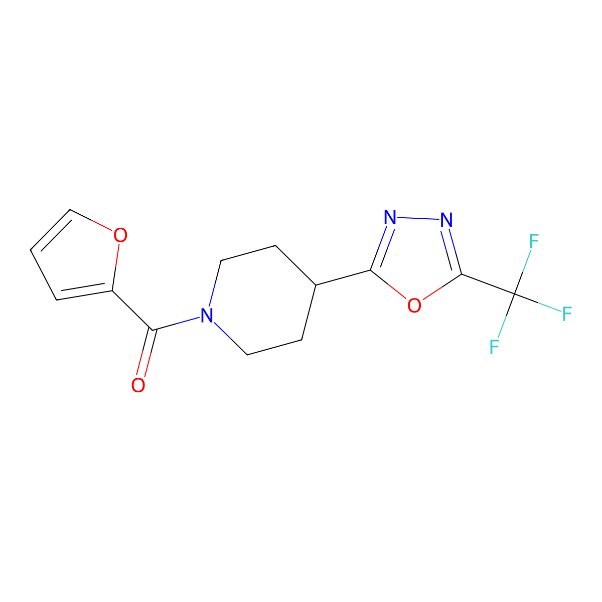 Furan-2-yl(4-(5-(trifluoromethyl)-1,3,4-oxadiazol-2-yl)piperidin-1-yl)methanone molecular structure, CAS 1396800-72-8