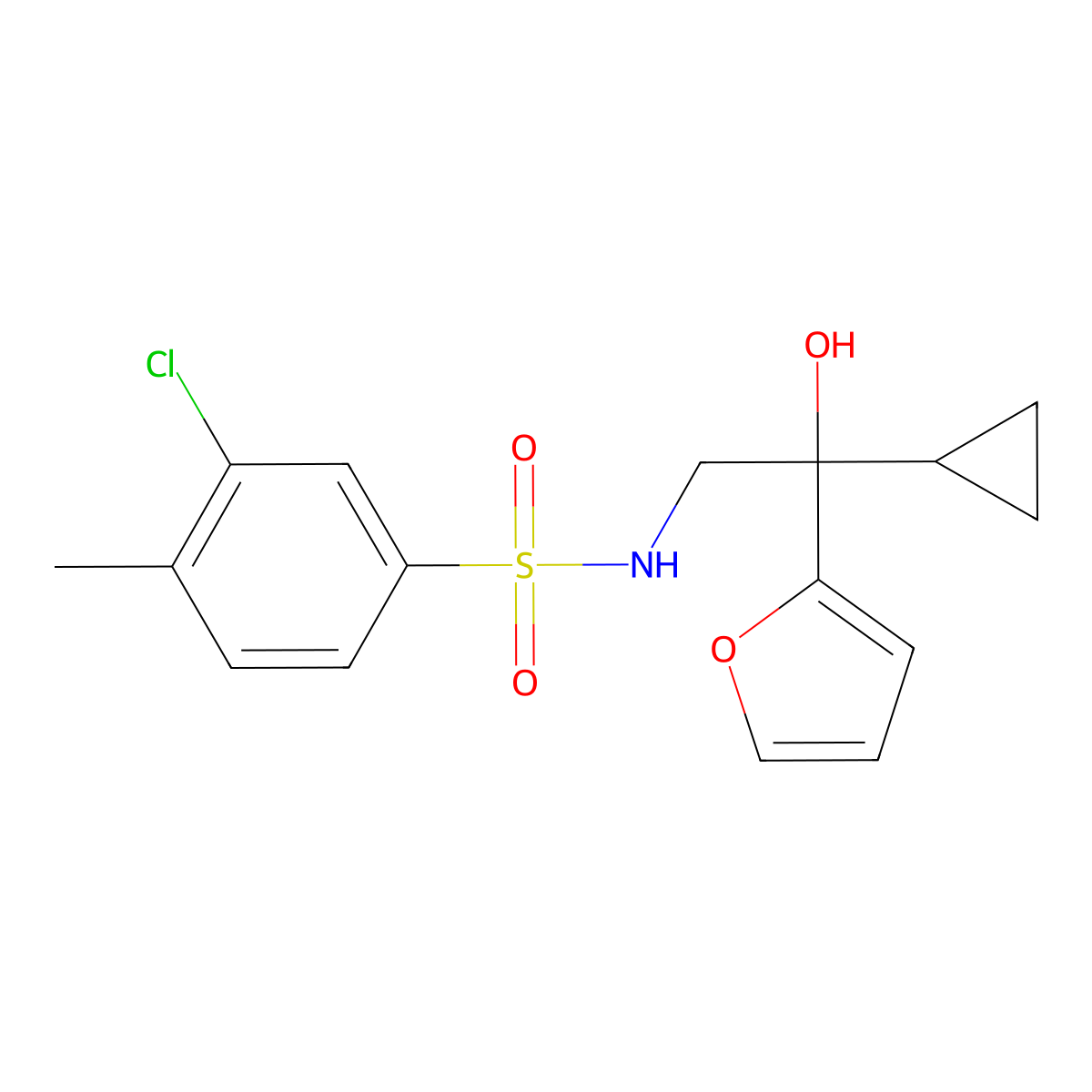 3-chloro-N-(2-cyclopropyl-2-(furan-2-yl)-2-hydroxyethyl)-4-methylbenzenesulfonamide molecular structure, CAS 1396800-82-0