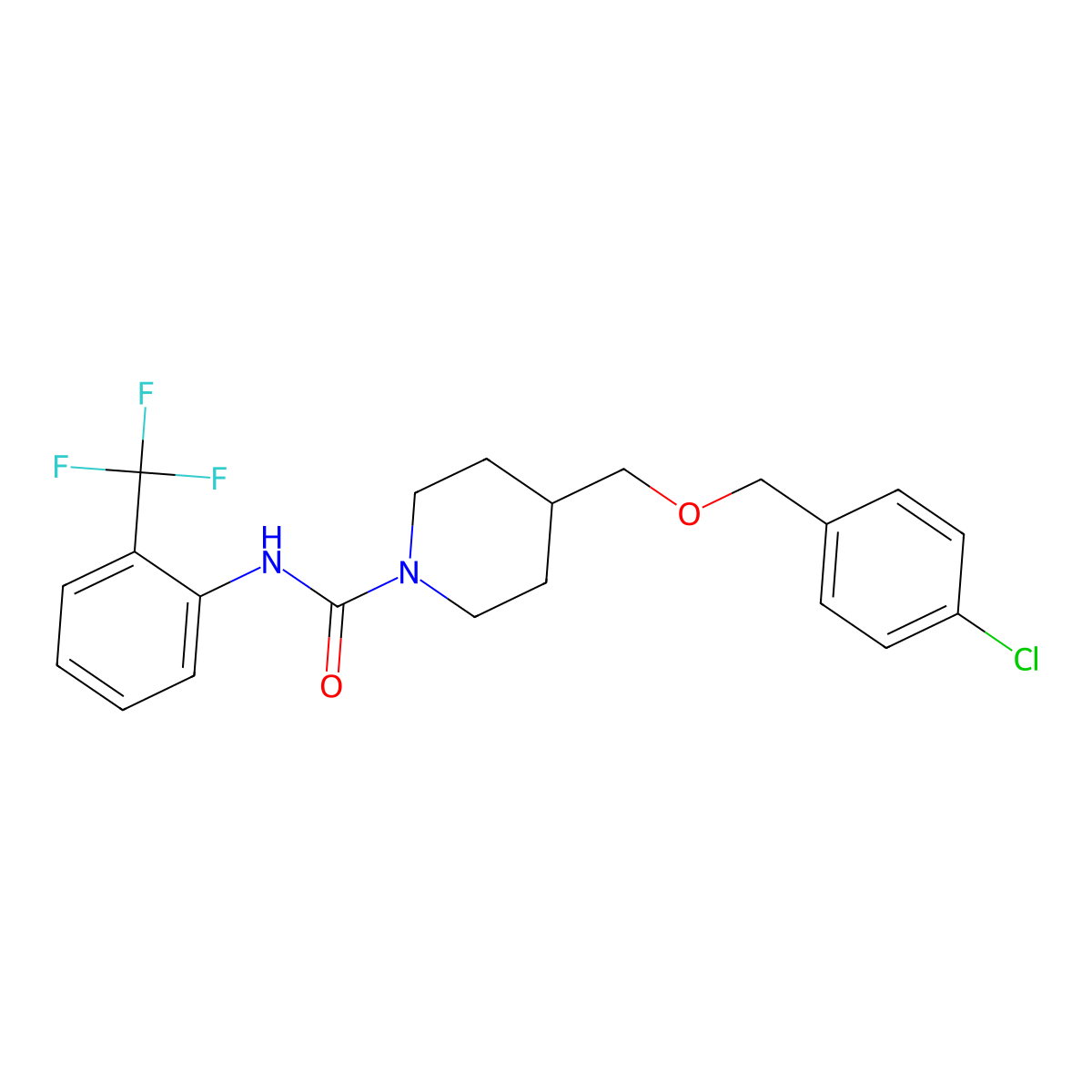 4-(((4-chlorobenzyl)oxy)methyl)-N-(2-(trifluoromethyl)phenyl)piperidine-1-carboxamide molecular structure, CAS 1396801-09-4