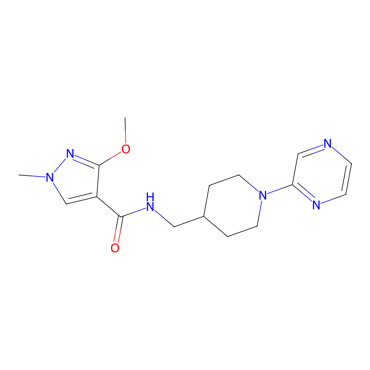 3-methoxy-1-methyl-N-{[1-(pyrazin-2-yl)piperidin-4-yl]methyl}-1H-pyrazole-4-carboxamide molecular structure, CAS 1396801-21-0