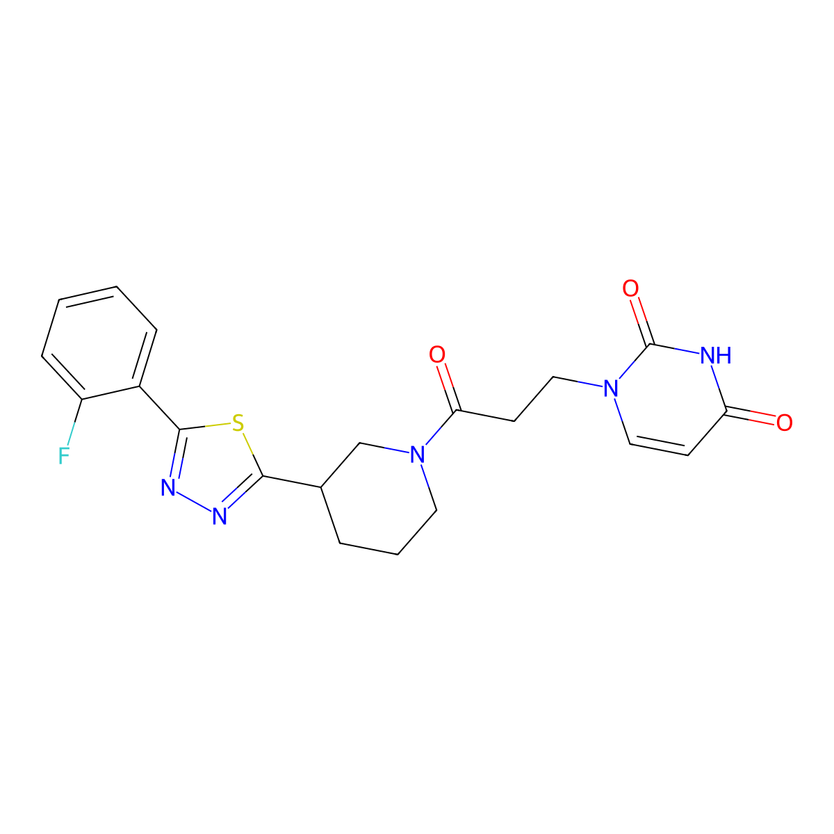 1-(3-(3-(5-(2-fluorophenyl)-1,3,4-thiadiazol-2-yl)piperidin-1-yl)-3-oxopropyl)pyrimidine-2,4(1H,3H)-dione molecular structure, CAS 1396801-27-6