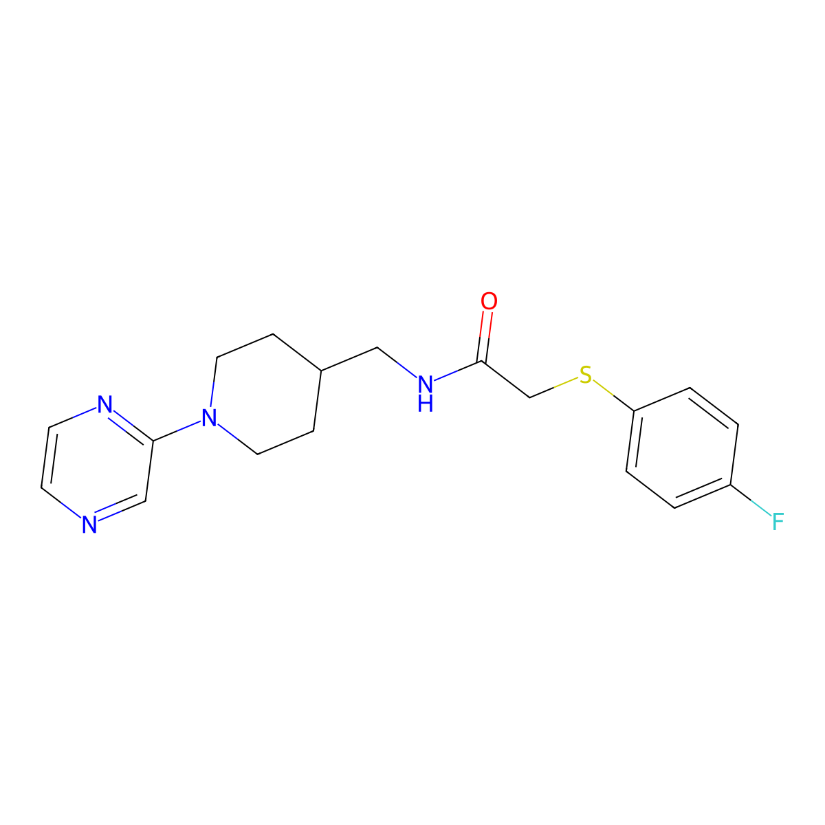 2-((4-fluorophenyl)thio)-N-((1-(pyrazin-2-yl)piperidin-4-yl)methyl)acetamide molecular structure, CAS 1396801-37-8