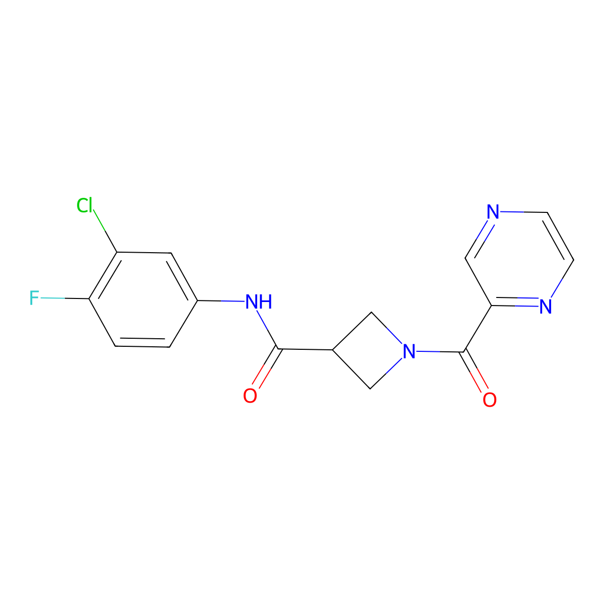N-(3-chloro-4-fluorophenyl)-1-(pyrazine-2-carbonyl)azetidine-3-carboxamide molecular structure, CAS 1396801-41-4