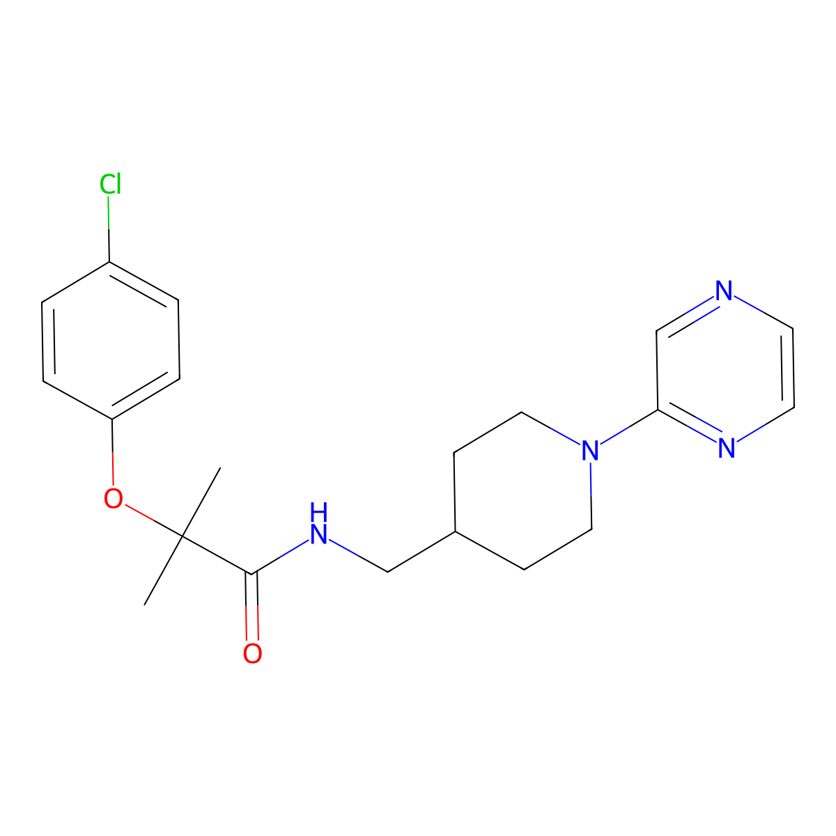 2-(4-chlorophenoxy)-2-methyl-N-((1-(pyrazin-2-yl)piperidin-4-yl)methyl)propanamide molecular structure, CAS 1396801-44-7
