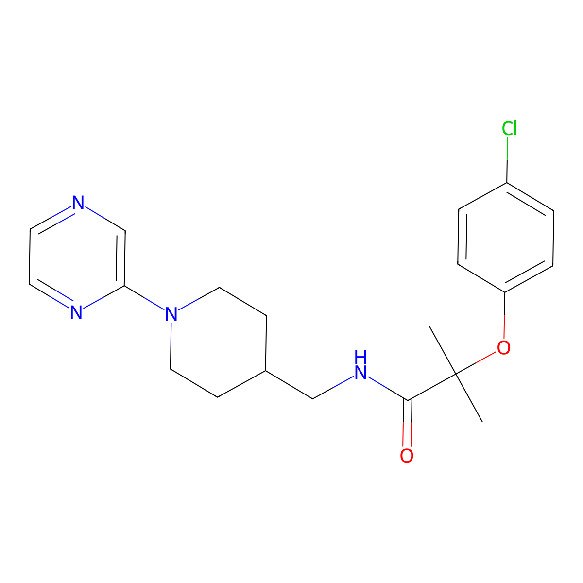 2-(4-chlorophenoxy)-2-methyl-N-((1-(pyrazin-2-yl)piperidin-4-yl)methyl)propanamide molecular structure, CAS 1396801-44-7