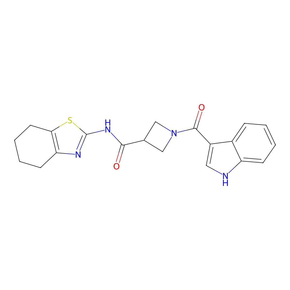 1-(1H-indole-3-carbonyl)-N-(4,5,6,7-tetrahydrobenzo[d]thiazol-2-yl)azetidine-3-carboxamide molecular structure, CAS 1396801-65-2