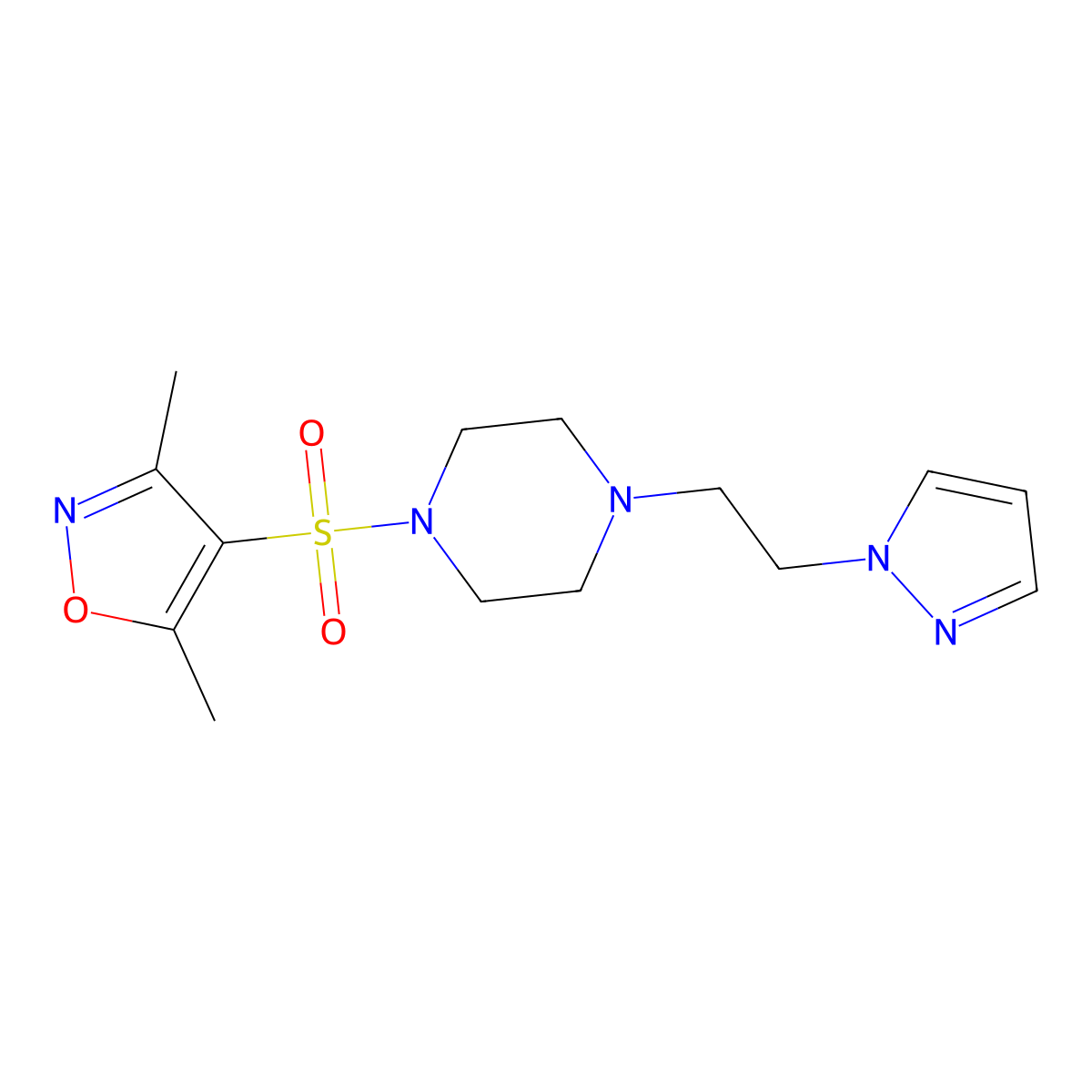 1-[(3,5-dimethyl-1,2-oxazol-4-yl)sulfonyl]-4-[2-(1H-pyrazol-1-yl)ethyl]piperazine molecular structure, CAS 1396801-66-3