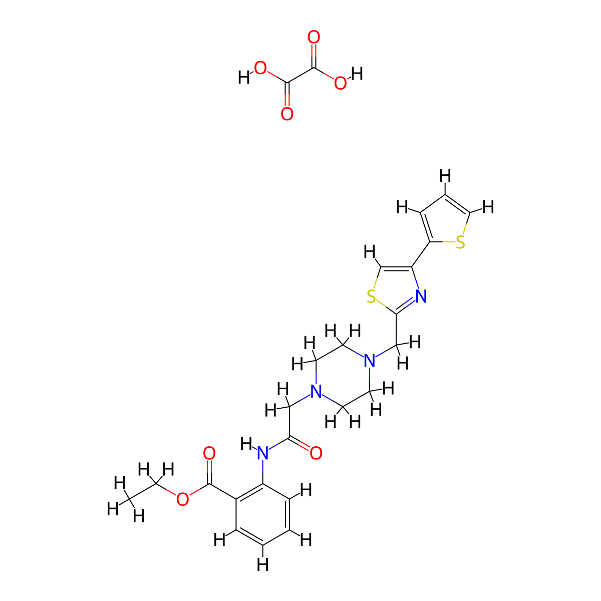 Ethyl 2-(2-(4-((4-(thiophen-2-yl)thiazol-2-yl)methyl)piperazin-1-yl)acetamido)benzoate oxalate molecular structure, CAS 1396801-84-5